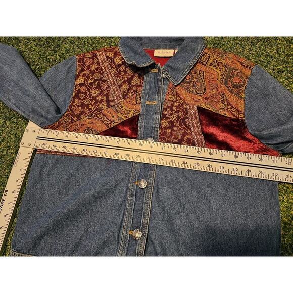 STUDIO WORKS woman M Jacquard Velvet DENIM JACKET Paisley Patchwork Fully Lined - Picture 5 of 8